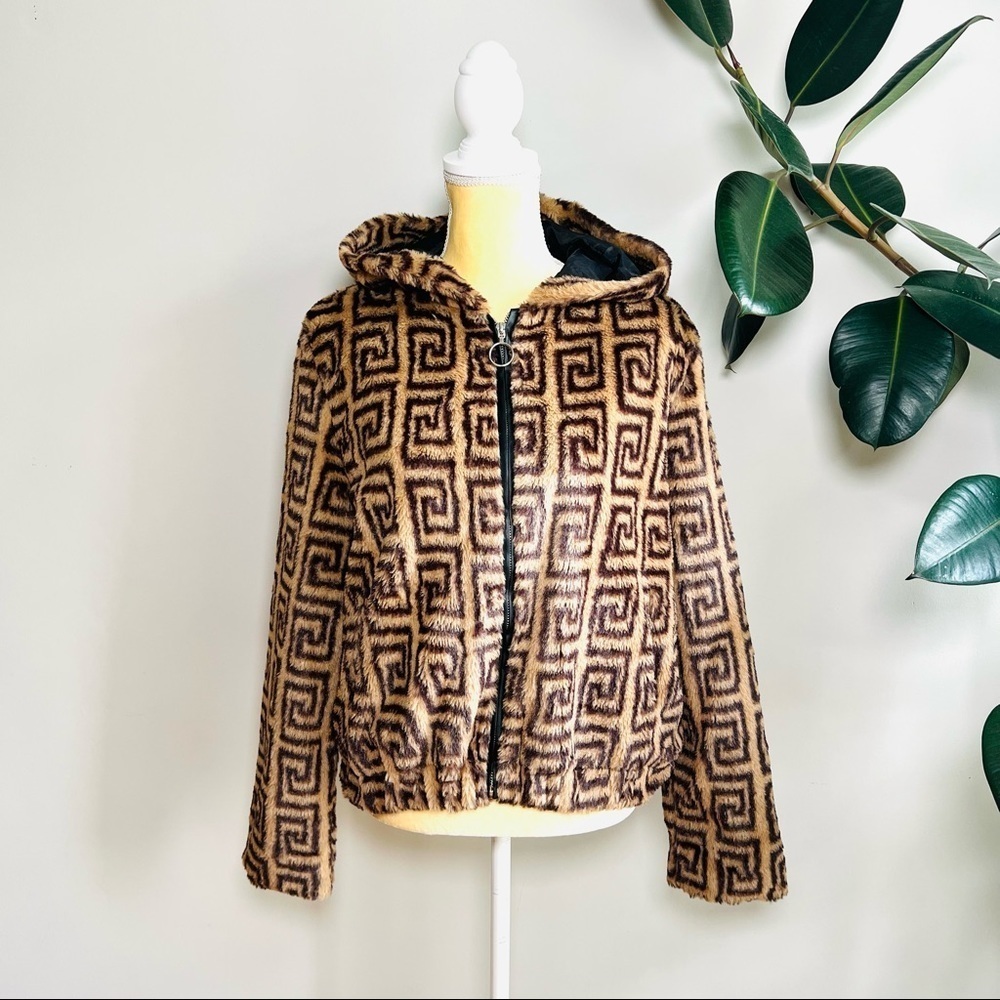 Honey Bum faux fur geometric hooded bomber jacket